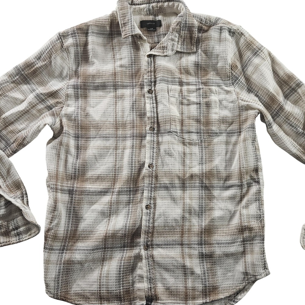 Cotton On Shirt Mens Large Brown Beige Plaid Waffle Knit Button Front Casual‎